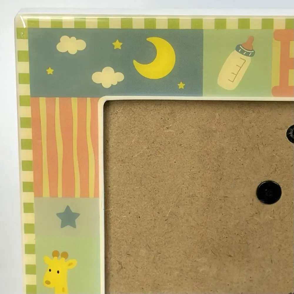 VTG Baby Picture Frame Pastel Boy Girl Teddy Bear Duck Moon Stars Checker 8x6”